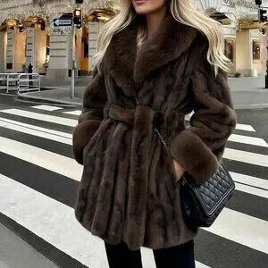 Coffee Brown Women's Christmas Faux Fur Long Sleeve Coat